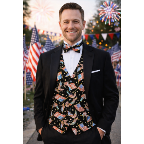Love the USA Flag Tuxedo Vest and Bow Tie Set — Patriotic Formal Wear for Weddings, Parties, or Gift for USA Lovers